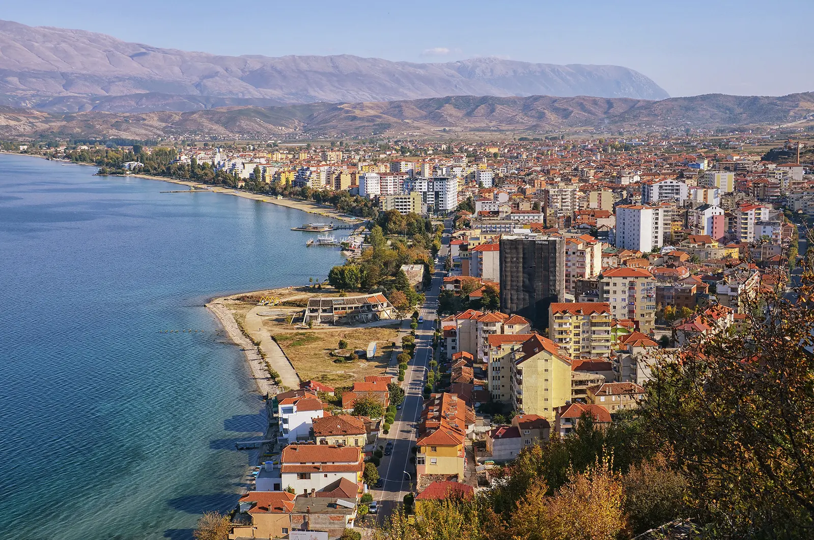 Lake Ohrid and the Pogradec shoreline in Albania